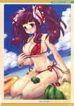  absurdres bikini breasts cleavage cloud copyright_request day dutch_angle food fruit highres innertube large_breasts long_hair papimo purple_hair red_eyes solo swimsuit twintails watermelon wet 