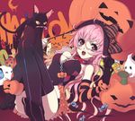 asymmetrical_clothes bad_id bad_pixiv_id bow cat collar elbow_gloves enk gloves halloween hat long_hair open_mouth original pink_hair pumpkin solo striped striped_gloves striped_legwear symbol-shaped_pupils thighhighs 