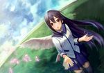  angel_wings bad_id bad_pixiv_id black_hair brown_eyes cloud day grass hands ichiko_oharu long_hair musical_note open_hands open_mouth original skirt sky solo thighhighs wings 