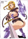  absurdres armor ass blonde_hair blue_eyes braid buckle hairband highres hisayuki_hirokazu leina queen's_blade revealing_clothes shield short_hair_with_long_locks side_braid solo sword twin_braids weapon 