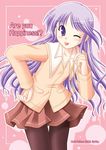  :p cover crossdressing doujinshi hand_on_hip happiness! long_hair long_sleeves male_focus one_eye_closed otoko_no_ko pantyhose purple_eyes purple_hair skirt solo suzumiya_kazuki tongue tongue_out watarase_jun 