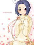  ahoge bad_id bad_pixiv_id blue_hair blush bow breasts flower hair_flower hair_ornament hands_on_own_chest idolmaster idolmaster_(classic) medium_breasts miura_azusa punto red_eyes ribbon short_hair sleeves_past_wrists smile solo sweater 