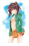  breasts brown_hair cleavage female gradient gradient_background hand_in_pocket highres jacket long_hair natsu_(natume0504) navel open_clothes open_jacket original skirt sky solo 