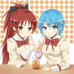  bad_id bad_pixiv_id blue_eyes blue_hair crazy_straw cup drink drinking_straw heart_straw heirou looking_at_viewer mahou_shoujo_madoka_magica miki_sayaka multiple_girls ponytail red_eyes red_hair sakura_kyouko school_uniform shared_drink short_hair 