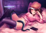  artist_request brown_eyes brown_hair ear_buds graffiti in_thought ipod mattress pillow snake soft_hat tagme tiled_wall zettai_ryouiki 