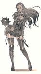  armor armored_dress bad_id bad_pixiv_id belt breasts choker cleavage contrapposto earrings jewelry kilart long_hair mace medium_breasts monochrome original simple_background solo standing thighhighs vambraces weapon zettai_ryouiki 