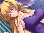  1girl blonde_hair blush breasts cleavage eyes_closed game_cg gunner-l huge_breasts indoors koinoki_shizuku laying_down long_hair lying solo sweat swimsuit tsuri_baka 