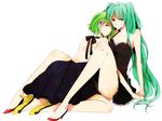  aqua_eyes aqua_hair bare_shoulders dress flower green_eyes green_hair gumi hair_flower hair_ornament hatsune_miku legs long_hair multiple_girls ro_ma short_hair simple_background twintails very_long_hair vocaloid 