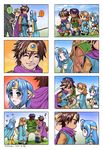  1girl 3boys ? anger_vein bad_id bad_pixiv_id blue_eyes blue_hair blush cape circlet comic dragon_quest dragon_quest_iii fighter_(dq3) heart multiple_boys roto sage_(dq3) shield smile staff surime-dq sword weapon 