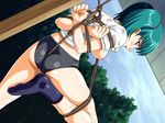  1girl arms_behind_back artist_request ass bdsm bondage bound breasts female green_hair honjo_mikaze leg_lift looking_back nipples onda_takeshi rope shibari solo stratos_4 suspension 