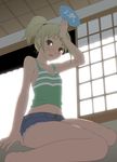  barefoot blonde_hair bloom fan hot legs long_legs mattaku_mousuke midriff navel open_mouth original paper_fan ponytail short_shorts shorts solo sweat tank_top thighs uchiwa 