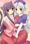  animal_ears black_hair blush braid cat_ears cat_tail cross ears_down hat houraisan_kaguya kemonomimi_mode long_hair mikurun multiple_girls nurse_cap purple_eyes silver_hair smile tail touhou very_long_hair yagokoro_eirin 