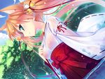  animal_ears aqua_eyes bell cat_ears copyright_request day hair_ribbon hakama himukai_kyousuke japanese_clothes miko pink_hair red_hakama ribbon see-through solo tree twintails wet 