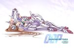  1girl armor breasts brown_hair character_name cleavage commentary_request copyright_name english_text green_eyes gundam gundam_00p gundam_astraea long_hair looking_at_viewer lying mecha_musume medium_breasts mori_chu on_side smile solo 