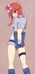  arms_behind_back blue_eyes blue_footwear boots butt_crack crop_top from_behind fuuro_(pokemon) gloves looking_back midriff open_mouth pokemon pokemon_(game) pokemon_bw red_hair satoimoya solo thigh_strap 