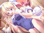  2girls bent_over blonde blush braid cg changing_room eroge fang green_eyes hair_ribbon majokko_a_la_mode mizugi red_hair school_uniform standing sukumizu tagme very_long_hair wink 