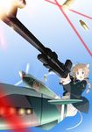  absurdres animal_ears bad_id bad_pixiv_id blue_eyes braid brown_hair bullet casing_ejection cat_ears firing flying foreshortening gun highres lens_flare lynette_bishop motion_blur mousou_(mousou_temporary) muzzle_flash open_mouth panties shell_casing single_braid solo strike_witches striker_unit underwear weapon world_witches_series 