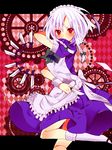  argyle argyle_background bad_id bad_pixiv_id braid highres izayoi_sakuya knife letterboxed maid maid_headdress red_eyes silver_hair solo touhou twin_braids white_hair wrist_cuffs yapi_(yabai_toki) 