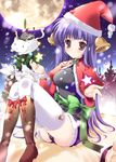  :3 bell boots cameltoe cat christmas full_moon hat highres long_hair mikeou moon original panties purple_eyes purple_hair purple_panties ribbon santa_costume santa_hat sitting snowflakes solo star thighhighs underwear white_legwear 