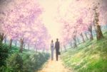  cherry_blossoms holding_hands kara_no_kyoukai kimono kokutou_mikiya ryougi_shiki trees 