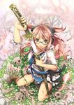  ahoge bad_id bad_pixiv_id brown_eyes glasses headphones jewelry katana nail_polish necklace necktie nitou_akane original pink_hair sheath short_twintails skirt skull smile solo sword twintails unsheathing weapon 