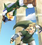  2boys arch bad_id bad_pixiv_id belt blonde_hair blue_eyes bomb chikuwa_(rinka) cloud commentary_request day dual_persona earrings explosive gloves grin hat holding holding_sword holding_weapon jewelry left-handed link male_focus master_sword multiple_boys pointy_ears shield shield_on_back sky smile sword the_legend_of_zelda the_legend_of_zelda:_ocarina_of_time the_legend_of_zelda:_twilight_princess weapon 