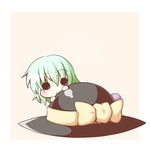  :o black_eyes blush bow chibi green_hair hat hiding komeiji_koishi light_background minigirl ominaeshi_(takenoko) peeking_out shy solo touhou 