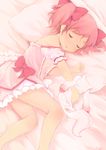  bad_id bad_pixiv_id bare_legs bare_shoulders bow closed_eyes hair_bow highres kaname_madoka kyubey lying mahou_shoujo_madoka_magica off_shoulder pillow pink pink_hair short_twintails sleeping to_aru_awl twintails 