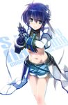  blue_eyes blue_hair character_name copyright_name lyrical_nanoha mahou_senki_lyrical_nanoha_force mahou_shoujo_lyrical_nanoha_strikers midriff navel revolver_knuckle smile solo subaru_nakajima sword_breaker yone 