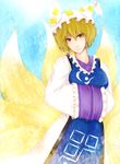  bad_id bad_pixiv_id blonde_hair dundunerdunest fox_tail hands_in_opposite_sleeves hat multiple_tails short_hair solo surcoat tail touhou yakumo_ran yellow_eyes 