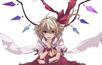  ascot blonde_hair dress flandre_scarlet frills hair_ribbon long_hair no_pupils red_dress red_eyes ribbon side_ponytail simple_background smile solo source_request torn_clothes touhou vector_trace white_background wings 