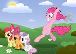  applebloom_(mlp) axe blue_eyes bow cloud crazy equine female flower friendship_is_magic green_eyes horse imminent_death my_little_pony pegasus pink_eyes pink_hair pinkie_pie_(mlp) pony purple_eyes scootaloo_(mlp) sun sweetie_belle_(mlp) two_tone_hair unicorn unknown_artist weapon 