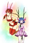  antlers bare_shoulders blue_hair brown_hair c_(control) detached_sleeves dress eating flower green_eyes hair_flower hair_ornament head_wings horns kara_(color) mashu_(control) midriff money mouth_hold multiple_girls pointy_ears q_(control) red_eyes red_flower red_rose rose thighhighs 