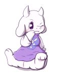  anthro blush boss_monster bottomless bovid breasts caprine chibi clothed clothing fangs female fur goat hi_res horn long_ears mammal mostly_clothed one_eye_closed purple_eyes pussy rokesys small_breasts solo toriel undertale video_games white_fur wink 
