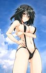  black_hair blush breast_hold breasts cameltoe cloud day hand_on_hip infinite_stratos large_breasts looking_down matsuno_canel orimura_chifuyu outdoors sky slingshot_swimsuit solo standing swimsuit 