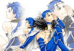  armor blue_hair fate/stay_night fate_(series) lancer long_hair male_focus multiple_boys ponytail red_eyes ryugun smile younger zoom_layer 