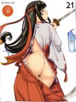  1girl absurdres ass black_hair eiwa fire from_behind hakama hakama_skirt headband highres holding holding_sword holding_weapon japanese_clothes katana light_blush long_hair long_sleeves looking_back low-tied_long_hair miko musha_miko_tomoe official_art ofuda open_mouth panties photoshop_(medium) profile purple_eyes queen's_blade red_hakama red_headband ribbon-trimmed_sleeves ribbon_trim sidelocks skirt solo sword tearing_clothes thigh_gap thong tomoe_(queen's_blade) torn_clothes underwear wardrobe_malfunction weapon 