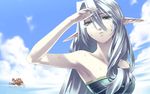  2010 agarest_senki agarest_senki_(series) armpits cloud company_name copyright_name day game_cg glasses green_eyes highres hirano_katsuyuki long_hair long_pointy_ears official_art pale_skin pointy_ears shading_eyes sharona_(agarest_senki) silver_hair sky solo sweat swimsuit 