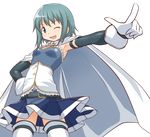  absurdres blue_hair blush bow cape gloves hair_ornament hairclip hangaku highres mahou_shoujo_madoka_magica miki_sayaka navel one_eye_closed pointing short_hair skirt smile solo transparent_background vector_trace 