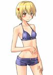  bikini_top blonde_hair blush flat_chest hair_ornament hairclip katsuragi_yako majin_tantei_nougami_neuro midriff mosha navel orange_eyes short_hair short_shorts shorts solo 