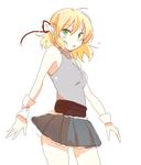 adapted_costume bare_shoulders blonde_hair blush green_eyes hair_ribbon mizuhashi_parsee open_mouth pointy_ears ribbon short_hair simple_background sketch skirt sleeveless sleeveless_turtleneck solo touhou turtleneck ume_(plumblossom) wrist_cuffs 