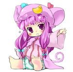  animal_ears baby barefoot bloomers blush bow capelet chibi crescent dress feet hair_bow hat monkey_ears monkey_tail outstretched_arms patchouli_knowledge purple_dress purple_eyes purple_hair sitting solo tail takara_akihito touhou underwear 