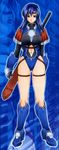  armor armor_boots black_eyes blue_hair boots breasts gauntlets headband large_breasts matsuzawa_kei navel sword weapon 