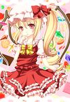  blonde_hair cookie dress finger_to_mouth flandre_scarlet food fruit harukaruha hat highres red_eyes side_ponytail solo strawberry touhou wings 