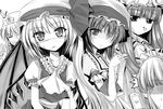  ascot bangs beret blunt_bangs blush expressionless flandre_scarlet frills greyscale hat head_tilt hong_meiling ideolo izayoi_sakuya jitome looking_at_viewer monochrome multiple_girls patchouli_knowledge puffy_short_sleeves puffy_sleeves remilia_scarlet short_sleeves sweatdrop touhou upper_body wings 