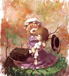  blonde_hair blueberry_(5959) brown_hair closed_eyes commentary crying crying_with_eyes_open dress hat hat_removed headwear_removed holding maribel_hearn multiple_girls open_mouth plant purple_dress purple_eyes roots shirt skirt tears touhou usami_renko vines 