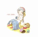  book chair closed_eyes grey_hair headphones long_hair reading ribbon rocking_chair scarf sekka_yufu shirota_ki sitting solo utau 