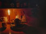  bad_pixiv_id candle cup dark gemi glowing highres mug no_humans oil_painting_(medium) original saucer scenery still_life traditional_media 