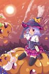  black_thighhighs blue_hair city cloud elbow_gloves ghost gloves halloween hat jack-o&#039;-lantern kneeling lantern nibikuro open_mouth pumpkin purple_eyes shoes sky sunset tagme thighhighs witch witch_hat 