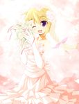  ;d blonde_hair bouquet braid charlotte_dunois dress flower highres infinite_stratos kanzaki_sora one_eye_closed open_mouth purple_eyes ribbon smile solo wedding_dress 